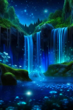 blue crystal forest with waterfalls, falling stars, aesthetically pleasing, beautiful, realistic, close-up, professional photo, 4k, high resolution, high detail, 30mm lens, 1/250s, f/2.8, ISO 100, dim lighting, soft lighting, neon lighting