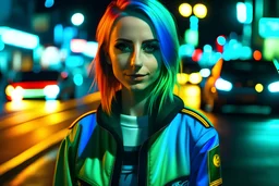 very beautiful girl, sexy look, colorful hair, dressed in a car racing suit, outdoor background, city street in the background, at night, looking at viewer, photo taken with a Sony Alpha III camera, 50mm lens, photo taken from afar, cinematic look