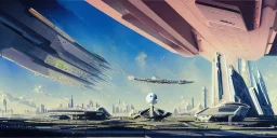Spaceport on a heavy industrialized planet with futuristic high rise buildings with glass facades in the background and spaceship taking off in the foreground, art by John Berkey, brutalist architecture, insanely detailed, vibrant, 8k uhd, blue sky with clouds, cinematic atmosphere, ultra-wide angle, street level view, brush strokes, sharp focus