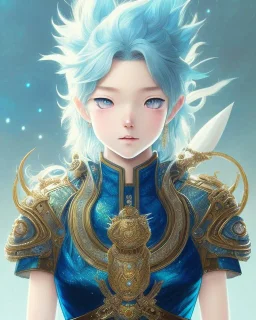 Detailed anime child cat girl, blue hair, dragon scale armour, intricate details, full body portrait, keep head in frame, slight smile, black Japanese motif, concept art, highly detailed, digital painting, concept art, sharp focus, illustration, art by Yoji Shinkawa, WLOP and greg rutkowski and alphonse mucha and artgerm and yanjun Chen and Junji ito and Makoto Shinkai, HDR, octane render, dark background