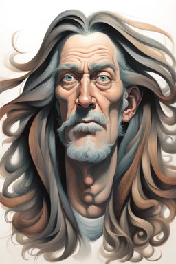 This image depicts a lifelike caricature of a man with long hair. The man is the central figure in the picture, taking up most of the space, with his features and hair color against a white background. The image has an artistic style that leans toward abstraction, making it an interesting piece of art. The man's face is one of the most dominant aspects of this image. His facial features are emphasized, and a lot of character is shown, which is typical of anime drawings. This photo doesn't h