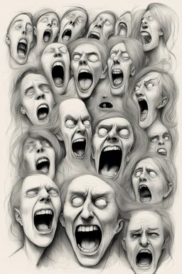 sketch line, rought, of many faces on a pages, screaming and sad, demented, mad, journal