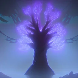 mystic tree full of skulls and surrounded by a magic aura and fog