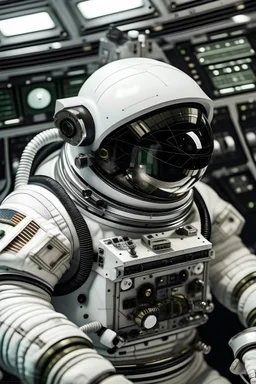 Primer plano de una tortuga astronauta con traje espacial blanco pero se aprecia la cara, dentro de la capsula espacial, ambiente tenso justo antes del despegue, el entorno son equipos electonicos, electricos, y computadoras de abordo
