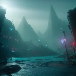 sci-fi city underwater with pyramids and ancient writings, mood is gloomy, colors include blue and red and green, shafts of lighting, mist, , photorealistic, concept art, volumetric light, cinematic