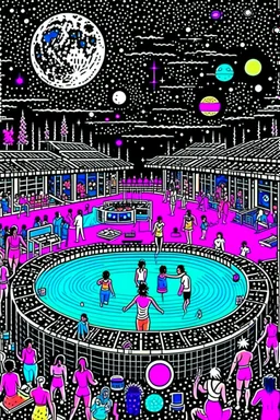 techno rave party in 80's with dj and swimming pool on the moon full