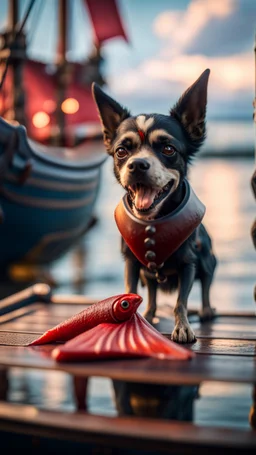 portrait of a vampire dog sucking the blood of fish on a viking ship, on a glass pier ,bokeh like f/0.8, tilt-shift lens 8k, high detail, smooth render, down-light, unreal engine, prize winning