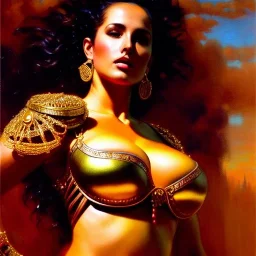 Drawing of beautiful face,'beautiful ,Busty PoweGirl',intense stare, ancient skintight armor, balanciaga fashion clothe painting by gaston bussiere, greg rutkowski, yoji shinkawa, yoshitaka amano, tsutomu nihei, donato giancola, tim hildebrandt, Oil on canvas, cinematic composition, extreme detail,fit full head inside picture,16k