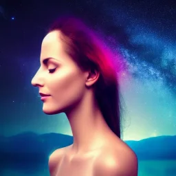 Beautiful European women head portrait, meditation, valley galaxy night sky, 8k Quality