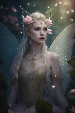 Pink dress,Sparkling fairy wings,Very long golden hair,Fairy crown,pointed ears,elven ears,fairy wings,water lilies,sparkling,glittering,flowers,blossoms,golden crown,light pink dress