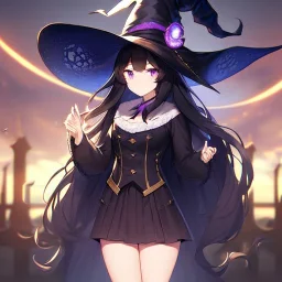 Clear focus,High resolution, black long fluffy hair, long fluffy bangs, purple eyes, wearing a witch outfit, wearing a short skirt