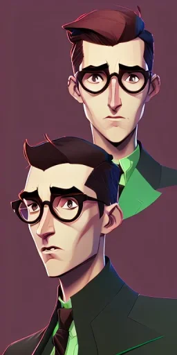 Fit man in round glasses, stubble,no beard, slim, tie, monotone, green eyes, comic book style, two tone colours, detailed, ink, realistic, handsome, square jaw, big brows, no jacket, bird on the shoulder, spotlight