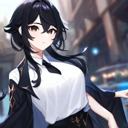 Clear focus, High resolution, short black hair, white and black hair, 2 hair colors, black eyes, wearing a black jacket and a white shirt, wearing a black skirt, 1girl, Genshin impact, long locks, long eyelashes, black tie