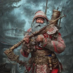 Insanely detailed photograph of an “warrior santa” with intricate detailed of fishing knots, intricate embroidered clothing, hyperdetailed painting by Ismail Inceoglu Huang Guangjian and Dan Witz CGSociety ZBrush Central fantasy art album cover art,8K, hdr, romantic, mysterious, ominous, flowers, jewelry, steam,oil,cafe,street vendor,steamship,D&D