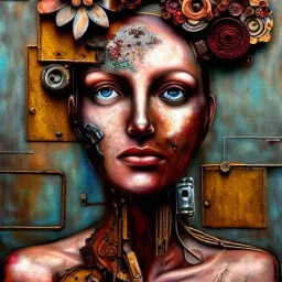 an abstract painting oil in canvas of rusted metal and flowers of busty female Cyborg, rust, scaffolding, iron cladding, decay, mixed media, textured, anatomically correct, beautiful perfect face, sharp focus, highly detailed, masterpiece, realistic, intricate detail, sci-fi fantasy style, volumetric lighting, particles, highly detailed ,cinamatic , deep colours, 8k, by Leonardo da Vinci , signed YAK