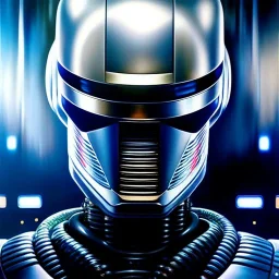 Ultra detailed portrait in oil on canvas of Scifi Robocop ,extremely detailed digital painting, extremely detailed face,crystal clear Big eyes, mystical colors ,perfectly centered image, perfect composition, rim light, beautiful lighting,masterpiece,8k, stunning scene, raytracing, anatomically correct, in the style of robert e howard and Ken Kelley and Ohrai Noriyoshi and Simon Bisley and tomzj1