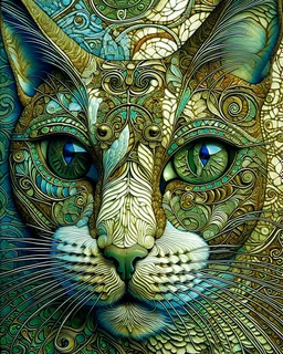 Detailed Surreal Portrait of Oriental blue and white tabby cat, with a triangular slender white face, large ears and green eyes by Gustav Klimt muted colors.