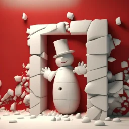 3d Christmas snowman, breaking out through a wall, plaster texture, white and red, 3d background