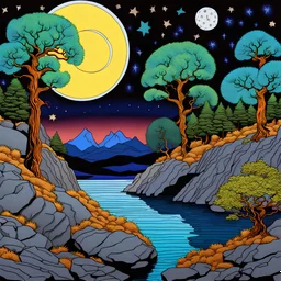 Colourful, peaceful, Max Ernst, Van Gogh, Hiroshige, night sky filled with stars, trees, rocks, waterfall, fish, one-line drawing, sharp focus, 8k, 3d, intricate, ornate, creepy, odd