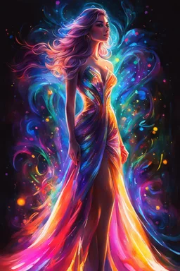 Beautiful woman with dress painting art neons glowing light in the dark and colorful details