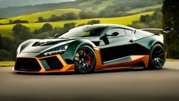 A (((Zenvo ST1 Super Tuned spoiler and bodykit))) with its sleek,, featuring a bold, menacing grille and powerful lines, evoking a harmonious balance between sophistication and muscle, against a backdrop of verdant hills at noon, ideal for a dynamic desktop wallpaper