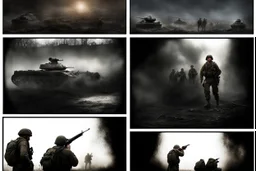 Masterpiece1:5)(Fineart), (award-winning:1.5), highest quality, (ultra realism:1.5) war journalism(,(by Tim Page and Hoorst Faas:1.5))(photorealistic:1.8),RAW pictures (Eastern Ukraine:(panel one:the moment after a battle ends, horrors of war, wounded men),(2nd panel, cinematic shot of men sitting in trench with 1000 yard stare (focus on their eyes:1.5)),(the third panel shows troops tired but hyper alert), (the fourth panel shows the sky is filled with incessant, fire and smoke,)