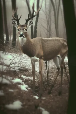 a deer except: . Legs bent backwards . Barrel chested/bloated abdomen . Emaciation . Eyes belonging to unrelated animals . Forward-facing eyes . Jerky movements . Loss of fear towards humans . Tendency to walk on two hind legs . General bodily disfigurement, creepy, found footage