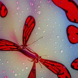  Прозрачная Бабочка из воды в белом тумане и букет венок красные стеклянные цветы в жемчужном сиянии капли дождя узкая ваза красная стрекоза абстракция