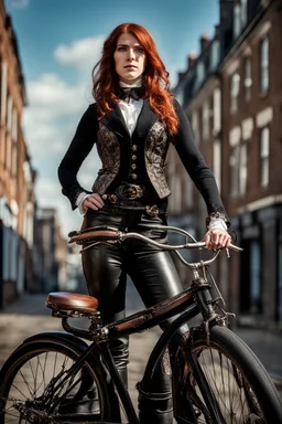 full-height portrait of a woman with straight shoulder-length auburn hair, with metal arms and legs, dressed in leather trousers, and a waistcoat, in a Victorian street next to a steampunk bike blue sky