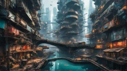 Water-level view of buildings made of reused dirty rusty metal on a futuristic canal junction, cyberpunk, many painted colours, flying boats, balconies, bridges, people, shopping, eating, walking, fifth element, ghost in the shell, altered carbon