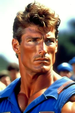 20-year-old, extremely muscular, short, curly, buzz-cut, military-style haircut, pitch black hair, Paul Stanley/Elvis Presley/Keanu Reeves/Pierce Brosnan/Jon Bernthal/Sean Bean/Dolph Lundgren/Patrick Swayze/ hybrid, as the extremely muscular Superhero "SUPERSONIC" in an original patriotic red, white and blue, "Supersonic" suit with an America Flag Cape,