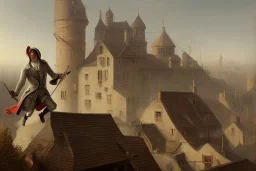 Assassin running on a roof, 1800, industrial revolution, hooded man