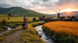 an qazak couple are dancing togather to camera in village over high grassy hills,a small fall and river and wild flowers at river sides, trees houses ,next to Ripe wheat ready for harvest farm,windmill ,a pretty train is arriving to station along river,a few village local shops ,cloudy sun set sky