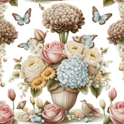 fantastic flower bouquet with pale colors, lace chocolate balls and very cute little floating, clinging fantasy creatures between the flowers, high cualtiy, detailed, sharp focus, fantasy, nice flowers, photorealistic, masterpiece