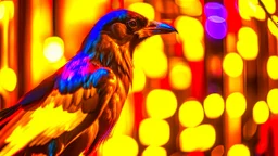 Capture a captivating image of a crow donning a punk leather jacket amidst the warm glow of Christmas yellow lights. Embrace a photography style that accentuates the festive atmosphere. Ensure the composition highlights the crow's unique presence against the backdrop of cheerful Christmas lights, creating a visually captivating scene.