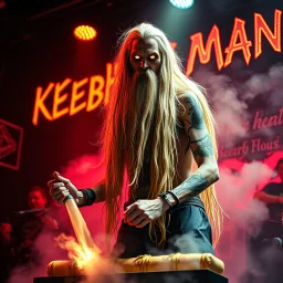 a very thin swedish viking man, evil with very long blonde hair (2 meter), (fat glowing eyes), he is called "KEBAB MAN" performing at death metal club, his name is "KEBAB MAN" kebab rolls On stage, kebab Neon lights and smog, and "KEBAB MAN" big sign on the wall, kebab tribal tattooes, spinning kebab machines, flames and smoke, chaos, he using gasolin and pour it on the kebab on the stage, to give someone/something the middle finger.