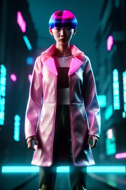 Scene, Asian cyber woman, blade runner style :: symmetry photography, cyberpunk, pink hair, makeup, long line eye, light iris, :: latex coat, pink, white, black :: cinematic, Ultra realistic, dark scene, soft color, highly detailed, unreal engine 5, RTX, ultra detail, 3d, finely drawn, high definition.