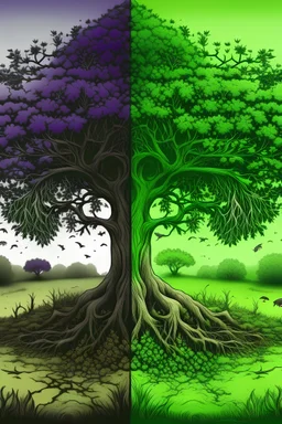 A photo where green tree on left half side becomes dry and dead where animals like birds die, and leaves fall due to no water and need that underground picture where on half left side underground where water gets posined or turn purple color like water in underground below and earth worms die where as other side of the tree where on right side the green tree underground have big roots with pure blue water where birds feed to their newborn and earthworms in underground live good