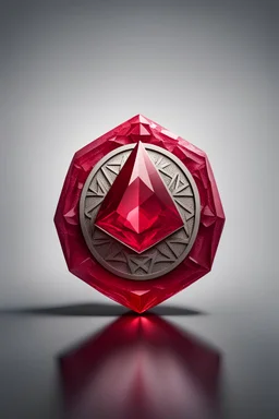 A red ruby stone with a single colored background. Inside the stone is a complex symbol for Ethereum. On the edge of the symbol is a letter of the English or Roman alphabet.
