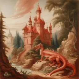 A pale red woodland castle with a dragon painted by Michelangelo di Lodovico Buonarroti Simoni