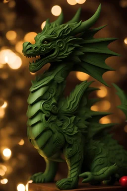 GREEN WOODEN DRAGON,NEW YEAR,LOTS OF DETAILS,CLOSE-UP,LOTS OF DECORATIONS,DIM LIGHTS