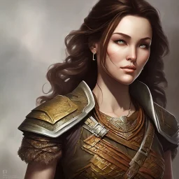 dungeons and dragons, female human, druid, brown hair, brown eyes, full body, realistic face, short hair, hair tied back, large nose, closed mouth, leather armor