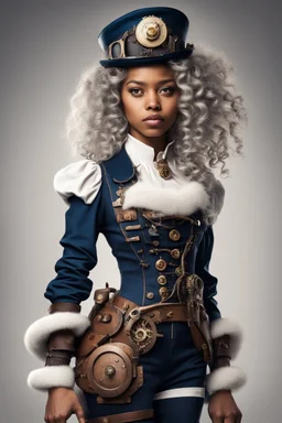 young mulatto girl with snow white wavy hair, dressed as a steampunk naval officer