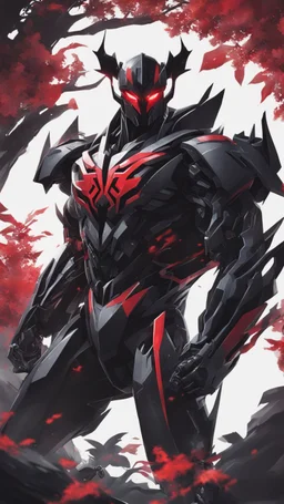 A close picture to Mix between transformers and venom symbiote in solo leveling shadow art style with red details detailsis in fantasy world