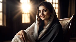 Hyper Realistic Photographic-view of a Young Beautiful Happy Pashto Woman With Beautiful Eyes & Kajal with beautiful lips with light-smile wearing black dress & covering herself with white-shawl sitting on rocking-chair inside a dark lounge with sun-rays coming from window on her face with detailed shadow casting showing dramatic & cinematic ambiance