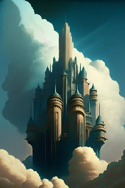 Enormous castle in the sky, ominously looming above in the style of art deco