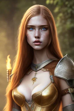 hyper realist, hyper detailed, stunningly beautiful teen woman, long ginger hair, medium freckles, skimpy fantasy intricate leather armour, full body and head, c-cup breasts, serious expression, centred camera, full frame, petite