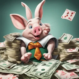 piggish cloven foot lying on stacks of money, bugs bunny playing poker