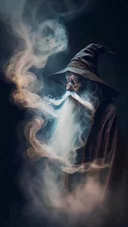 old wizard disappearing into thick smoke