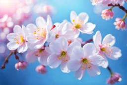 fantastic light pin blue background with four bunches of cherry blossoms, blossoms only, blur background